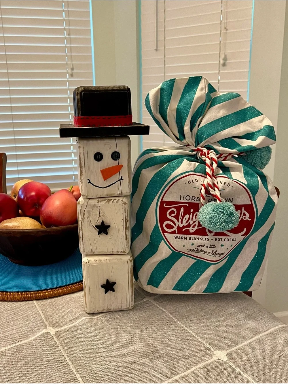 Holiday Gift Bundle-Wooden Custom made Snowman & Teal Stripe Holiday Gift Bag